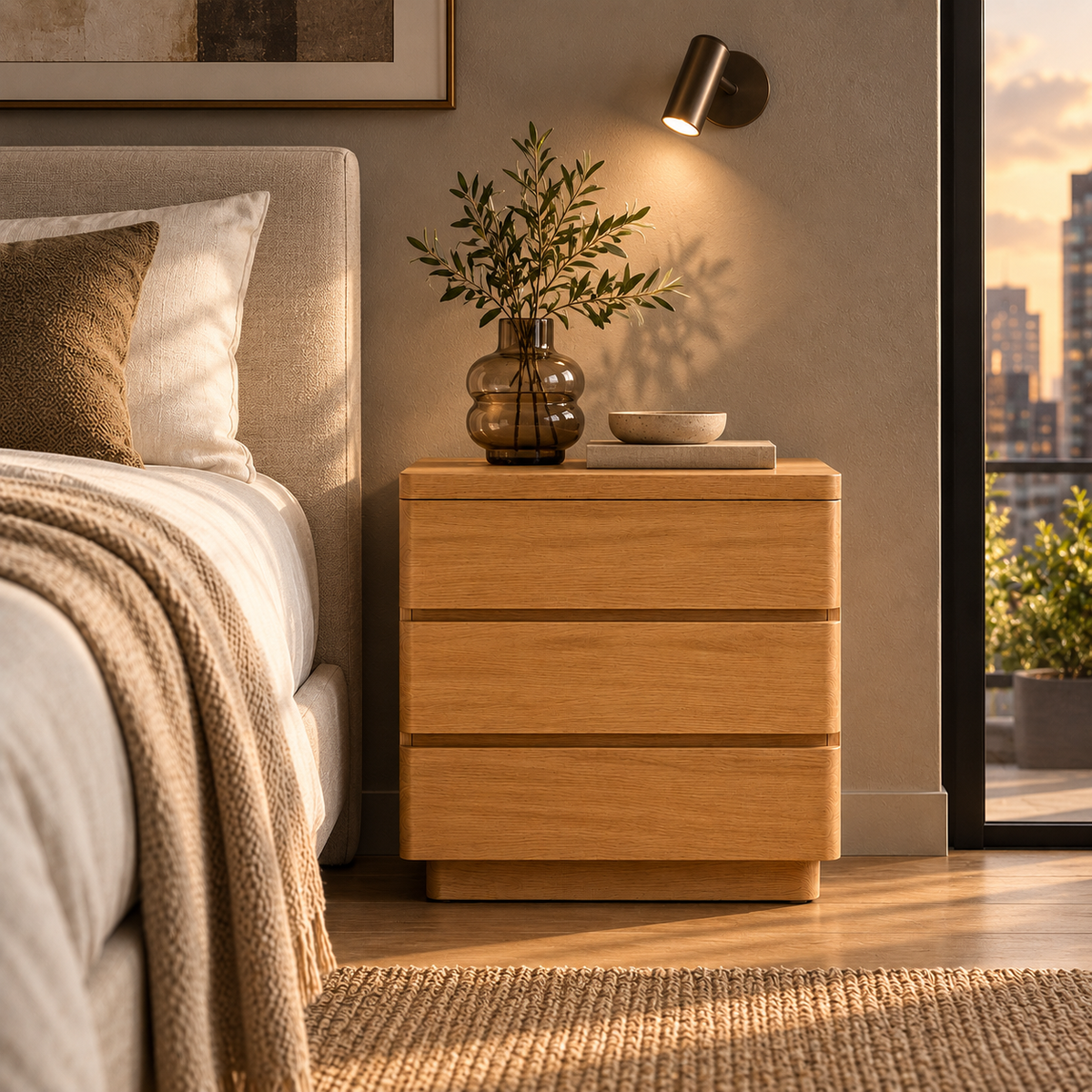 Harlow American Oak Bedside Table - 3 Drawer